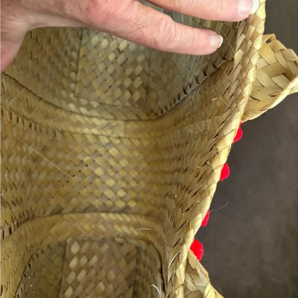Handwoven Natural Straw Tote with Red Pom-Pom Trim - Picture 5 of 6
